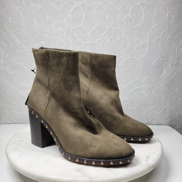 Forever 21 Suede Boots Womens 7 Green Leather Gold Rivets Block Heel Zipper New - Picture 2 of 16